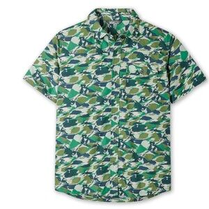 Stio Men's Curtis Camp Shirt Short Sleeve Lakeside Pine Green Brush Stroke Camo